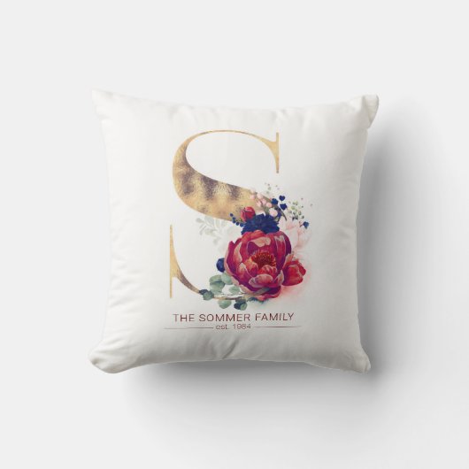 金ゴールドCモノグラムフローラブルゴーニュ赤とネイビーブルー クッション (正面)