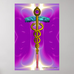 金ゴールドCADUCEUSドクター、メディカルシンボルピンク明るい赤紫色 ポスター