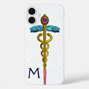 金ゴールドCADUCEUSメディカルシンボルホワイトモノグラム iPhone 16 PLUSケース