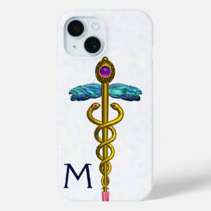 金ゴールドCADUCEUSメディカルシンボルホワイトモノグラム iPhone 15ケース