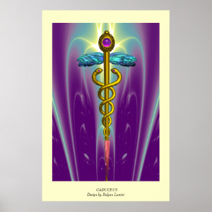 金ゴールドCADUCEUS医師,医学シンボル紫グリーン ポスター