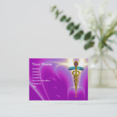 金ゴールドCADUCEUS医療サービス、ドクターピンク紫 名刺 (スタンド正面)