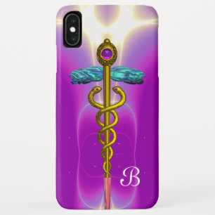 金ゴールドCADUCEUS医療用モノグラム、ピンク明るい赤紫色 iPhone XS MAXケース