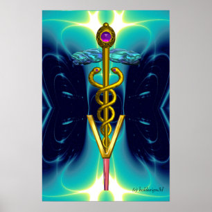 金ゴールドCADUCEUS獣医シンボルティール(緑がかった色)アクアブルー ポスター