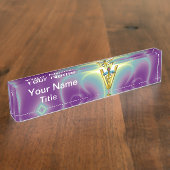 金ゴールドCADUCEUS獣医シンボルティール(緑がかった色)グリーンパープル デスクネームプレート (側面)