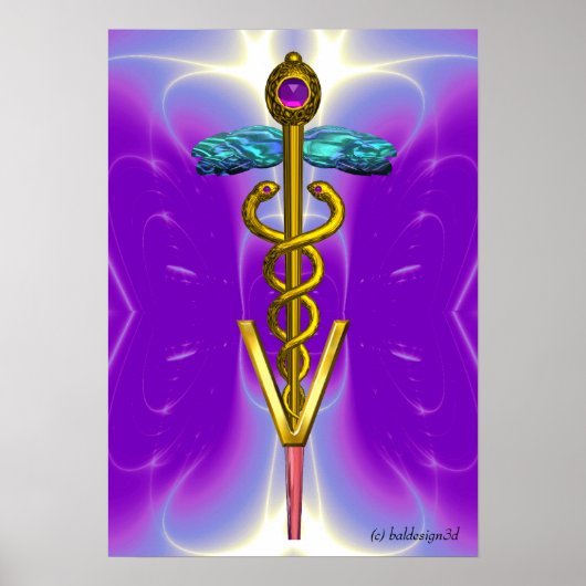 金ゴールドCADUCEUS獣医シンボルブルーパープル ポスター (正面)