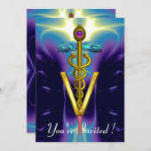 金ゴールドCADUCEUS獣医シンボルブルーパープル 招待状 (正面/裏面)