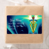 金ゴールドCADUCEUS獣医シンボル、アクアブルー、ティール（緑がかった色） ラベル (インサイチュ)