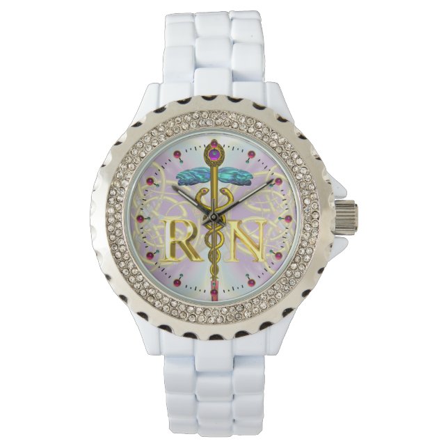 金ゴールドCADUCEUS登録ナース記号ケルト結び目模様 腕時計 (正面)