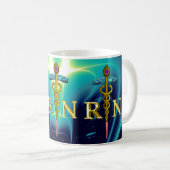 金ゴールドCADUCEUS登録ナース記号ティール(緑がかった色)青 コーヒーマグカップ (正面右)