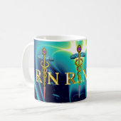 金ゴールドCADUCEUS登録ナース記号ティール(緑がかった色)青 コーヒーマグカップ (正面左)