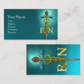 金ゴールドCADUCEUS登録ナース記号ティール(緑がかった色)青 名刺 (正面/裏面)