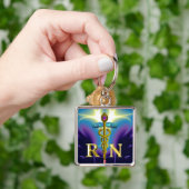 金ゴールドCADUCEUS登録ナース記号パープルブルー キーホルダー (手)