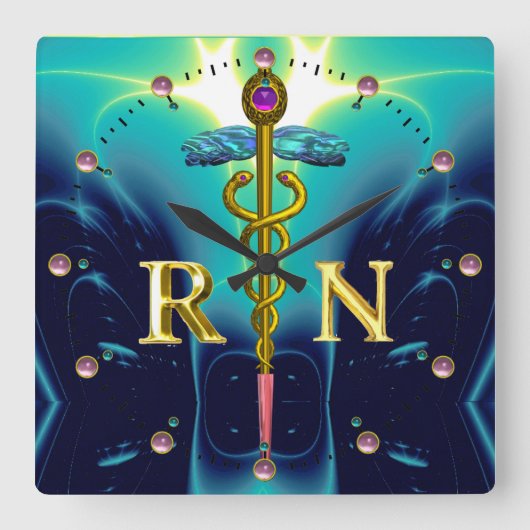 金ゴールドCADUCEUS登録ナース記号、ティール（緑がかった色）青 スクエア壁時計 (正面)