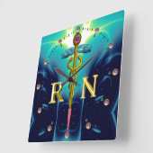 金ゴールドCADUCEUS登録ナース記号、ティール（緑がかった色）青 スクエア壁時計 (傾斜)