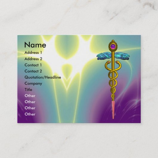 金ゴールドCADUCEUS，医師，医療サービスパープルグリーン 名刺 (正面)