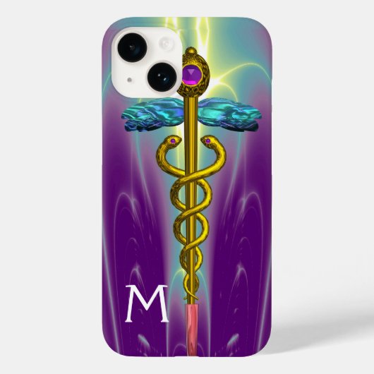金ゴールドCADUCEUS MEDICAL SYMBOLグリーンパープルモノグラム Case-Mate iPhoneケース (裏面)