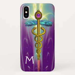 金ゴールドCADUCEUS MEDICAL SYMBOLグリーンパープルモノグラム iPhone X ケース