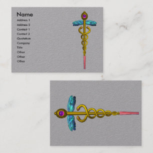 金ゴールドCADUCEUS MEDICAL SYMBOLグレー紙 名刺