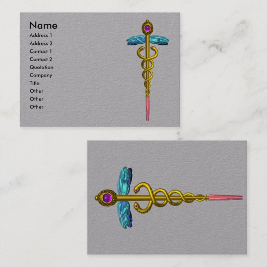 金ゴールドCADUCEUS MEDICAL SYMBOLグレー紙 名刺 (正面/裏面)