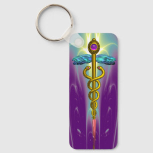 金ゴールドCADUCEUS MEDICAL SYMBOLパープルグリーン キーホルダー