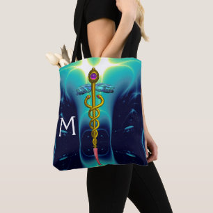 金ゴールドCADUCEUS MEDICAL SYMBOL MONOGRAM、ティール(緑がかった色) トートバッグ