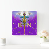 金ゴールドCADUEUS登録ナース記号，青紫 スクエア壁時計 (ホーム)