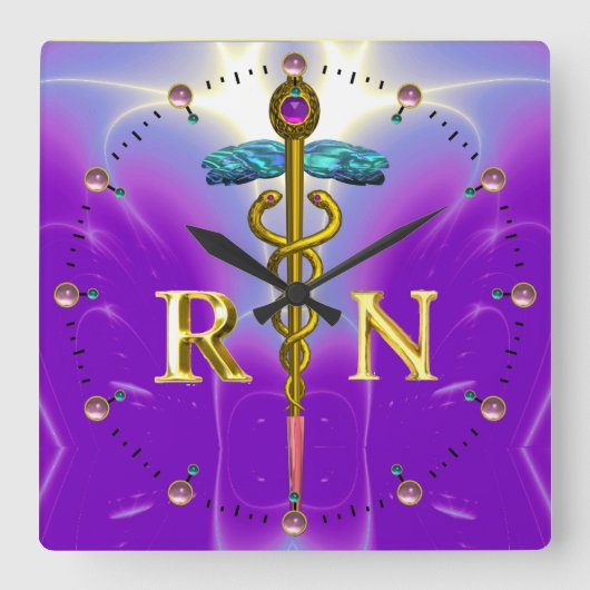 金ゴールドCADUEUS登録ナース記号，青紫 スクエア壁時計 (正面)