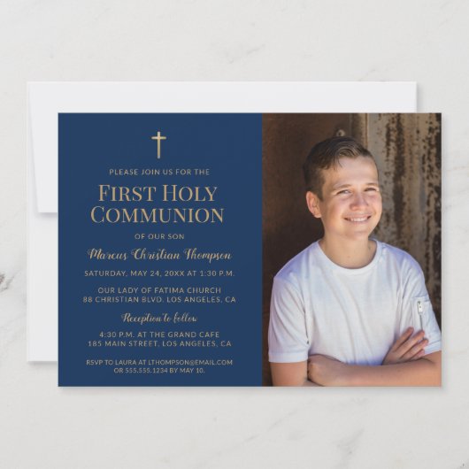 金ゴールドCross Navy Blue First Holy Communion写真 招待状 (正面)