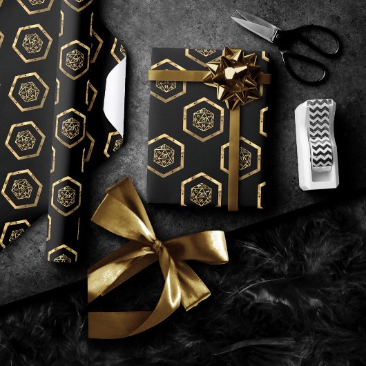 金ゴールドD20パターン |テーブルトップロールプレーヤーのサイコロ ラッピングペーパー