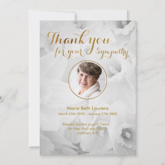 金ゴールドDaffodils悔やみや弔慰サンキューカードと写真 サンキューカード (正面)