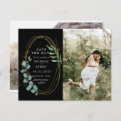 金ゴールドeucalyptus greenery 2枚の写真Save The Date 招待状 (正面/裏面)