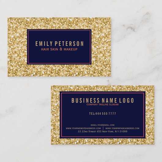 金ゴールドFAXグリッターと黒とコーラルレッドのアクセント 名刺 (正面/裏面)