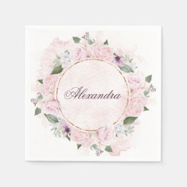 金ゴールドFrameFlooral個人名ピンクローズ スタンダードカクテルナプキン