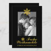 金ゴールドFrohe Weihnachten及び雪片の黒いクリスマス シーズンカード (正面/裏面)