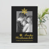 金ゴールドFrohe Weihnachten及び雪片の黒いクリスマス シーズンカード (スタンド正面)