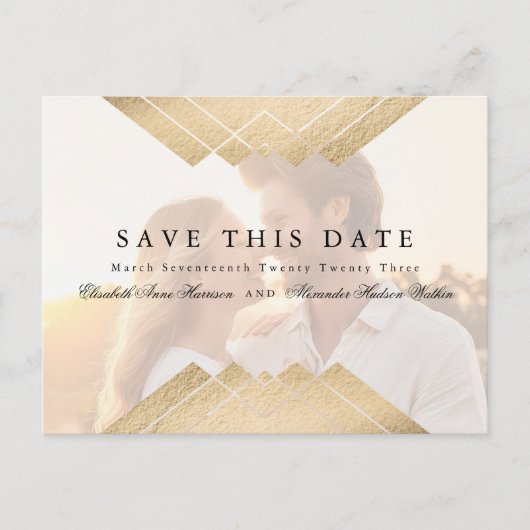 金ゴールドGeometric Gatsby Save The Date overlay Photo 案内ポストカード (正面)