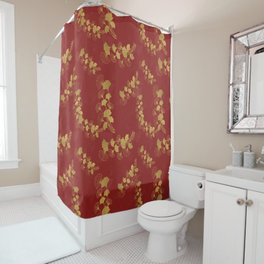 金ゴールドGingko Balboa離れの背景(濃い赤) シャワーカーテン (インサイチュ)