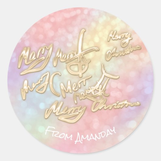 金ゴールドHolographic SparkからのMerry Christmasスクリプト ラウンドシール (正面)