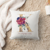 金ゴールドKモノグラムフローラブルガンディーレッドとネイビーブルー クッション (ブランケット)