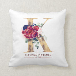 金ゴールドKモノグラムフローラブルガンディーレッドとネイビーブルー クッション