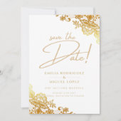 金ゴールドLACE予算オールインワンウェディング日付の保存 招待状 (正面)