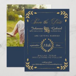 金ゴールドLaurel Leaf Navy Photo Save the Date セーブザデート