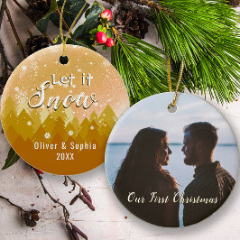 金ゴールドLet it Snow初めてのクリスマス写真 オーナメント