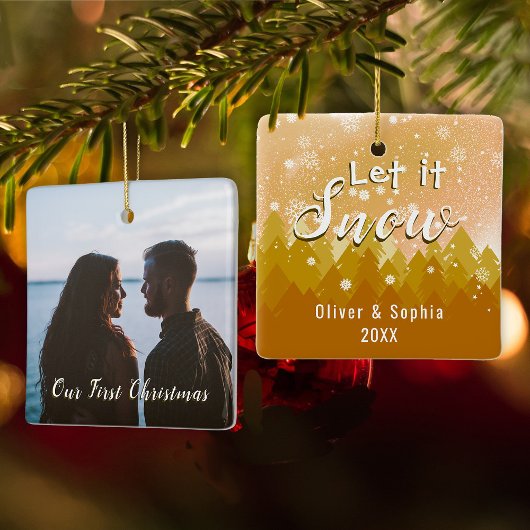 金ゴールドLet it Snow初めてのクリスマス写真 セラミックオーナメント