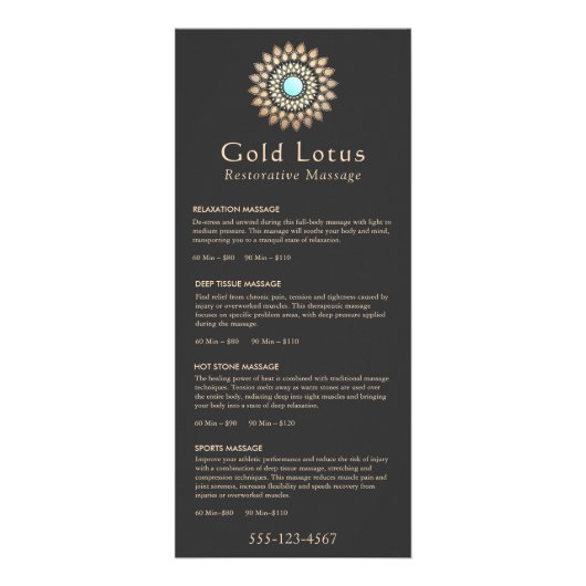 金ゴールドLotusマッサージセラピスト価格表メニュー ラックカード (正面)
