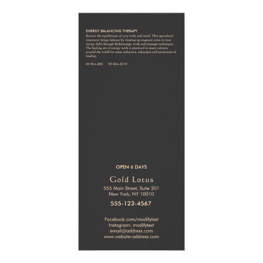 金ゴールドLotusマッサージセラピスト価格表メニュー ラックカード (裏面)