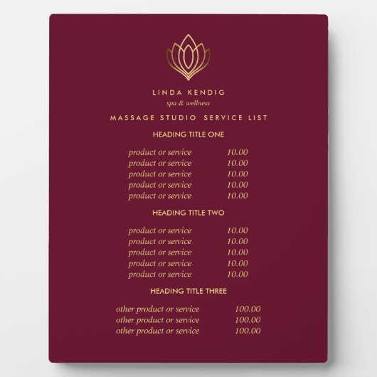 金ゴールドLotusロゴruby |スパマッサージ価格 フォトプラーク (正面)
