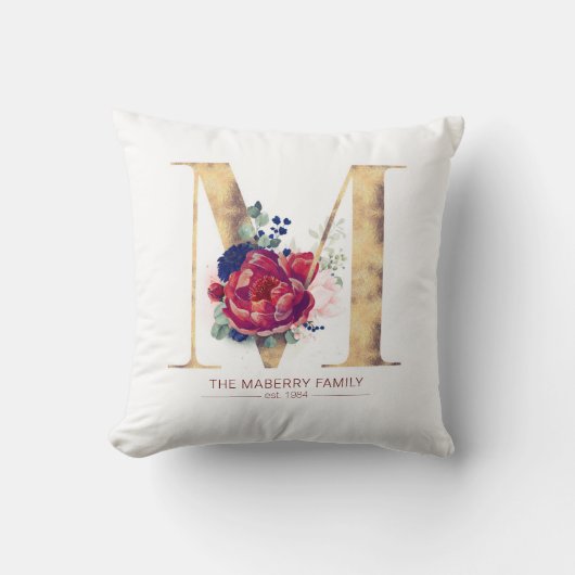 金ゴールドMモノグラムフローラブルゴーニュレッドアンドネイビーブルー クッション (正面)