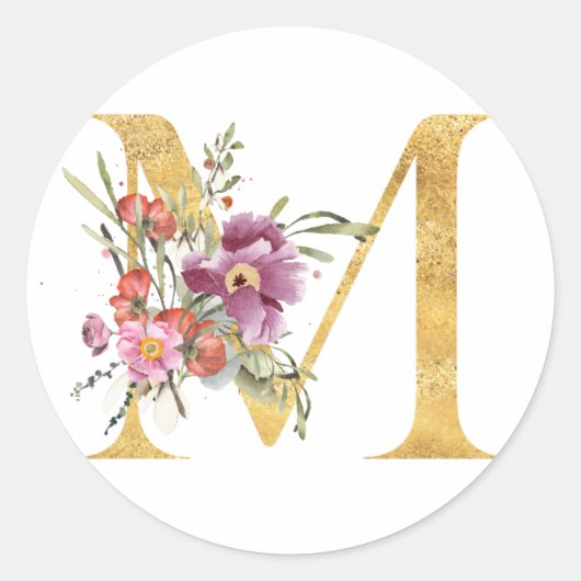 金ゴールドMONOGRAM文字Mと花 ラウンドシール (正面)